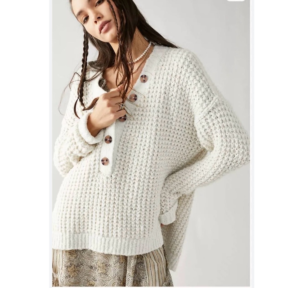 Free People Whistle Thermal Henley oversized sweater White Cloud Combo, size XS